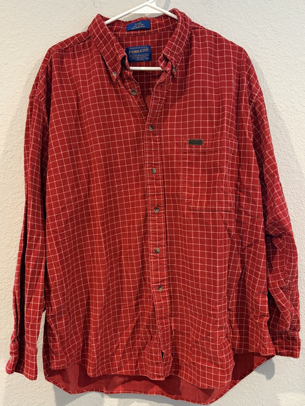 Pendleton Mens Vintage 100% Cotton Red Plaid Corduroy Button Up Long Sleeve XL